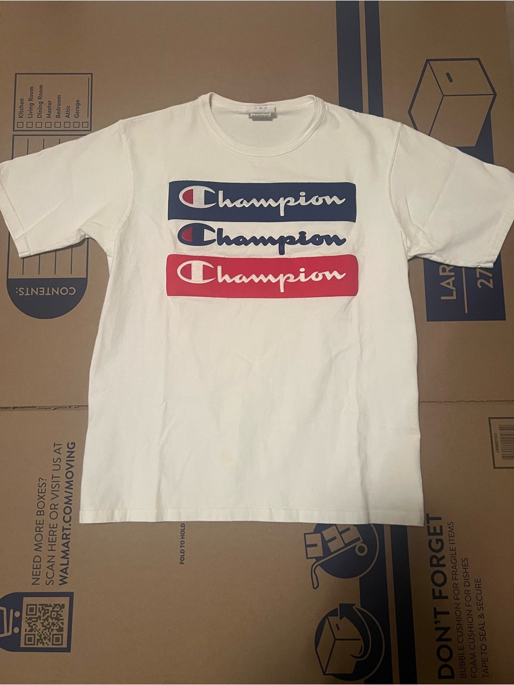 Vintage Y2K Champions T-Shirt M Triple Logo, Red, White And Blue, Graphic Tee